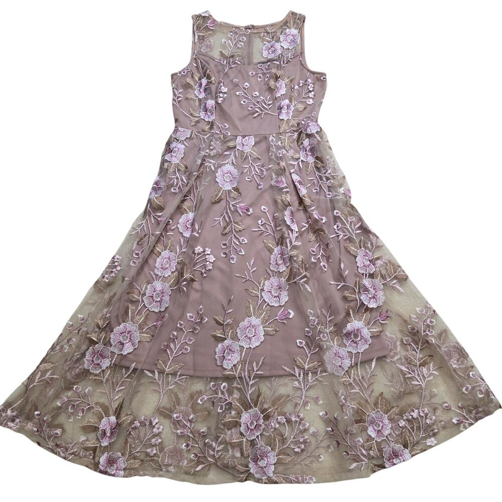 Adrianna Papell Mauve Maxi Dress with Pink Floral Embroidery